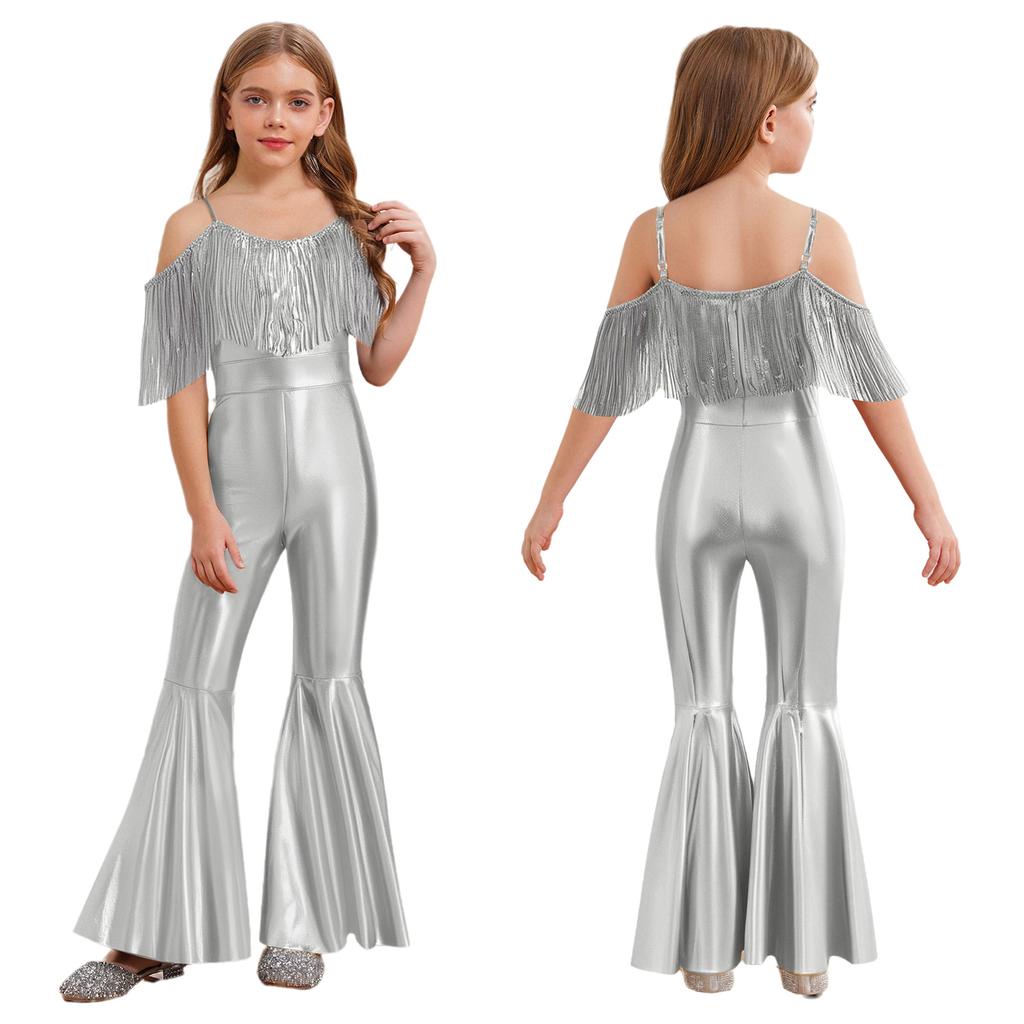 Sparkly Sequins Jumpsuit for Girls Spaghetti Strap Sleeveless with Tassels Flared Pants Pageant Club Outfit