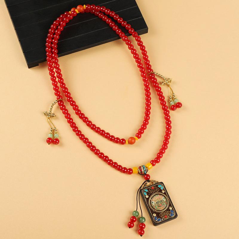 Vintage thangka necklace green agate beaded niche high-end messenger chain cheongsam accessories women
