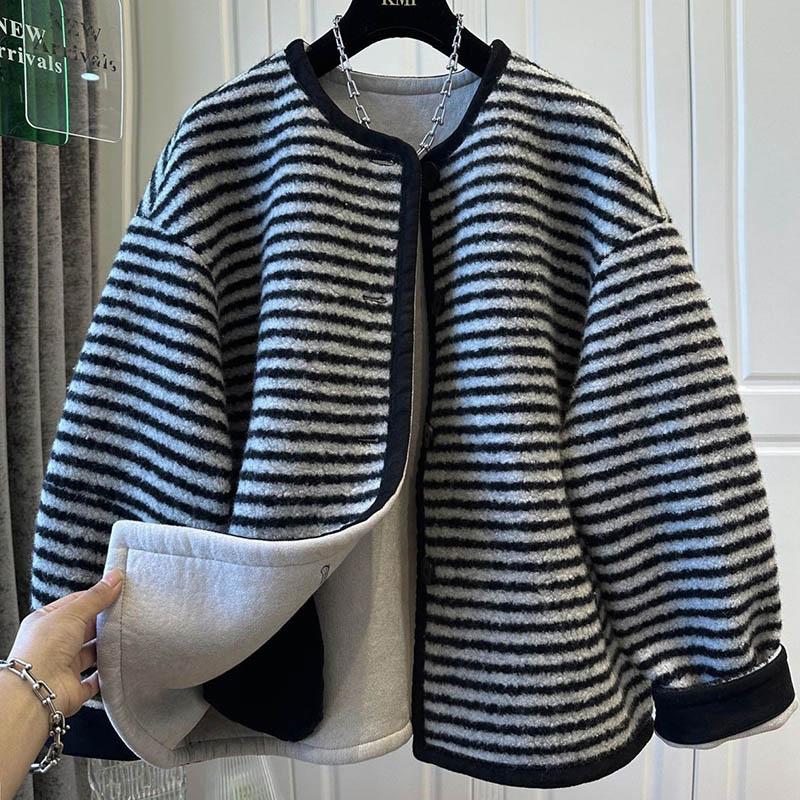 Coat for Women Striped Winter Thickened Casual Oversize Double Layer Windbreaker Jacket