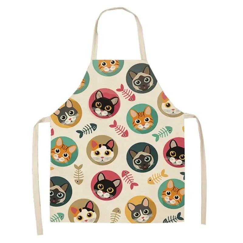 Lovely Cartoon Cats Kitchen Aprons for Women Cotton Linen Bibs Household Cleaning Pinafore Home Cooking 55x68cm