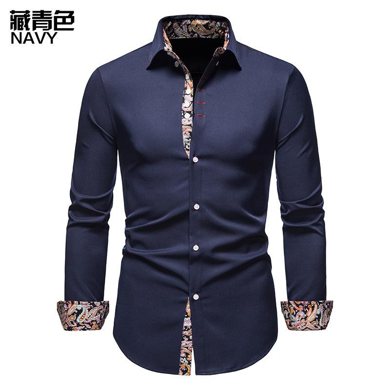

New Men s Long Sleeve Shirt Fengqing Casual Lapel Slim Fit Color Matching Shirt Men s 2XL Темно-синій