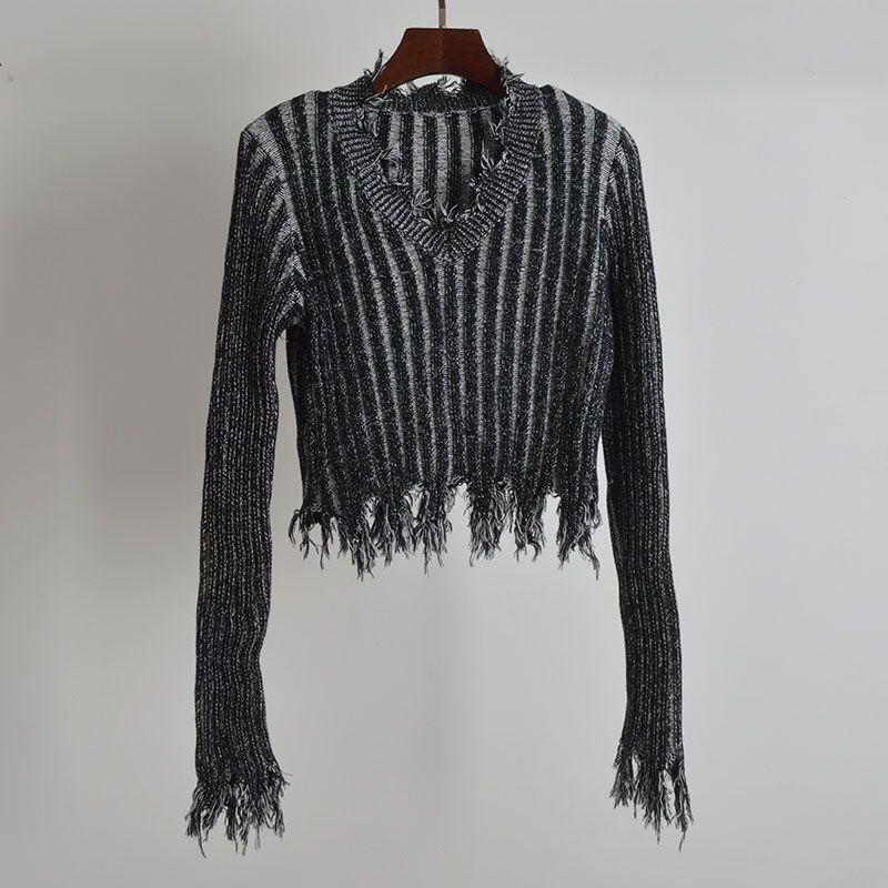 American Retro Sexy V Neck Pullover Fringed Sweater Women's Clothing Spring & Fall Lazy Sweater Long-Sleeved Versatile Top
