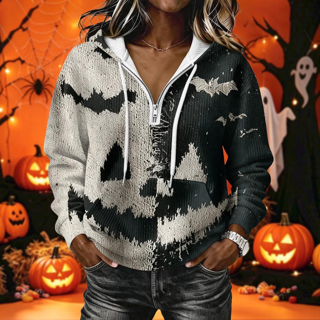 Women's Halloween Print Long Sleeve Hoodie Pullover Sweatshirt