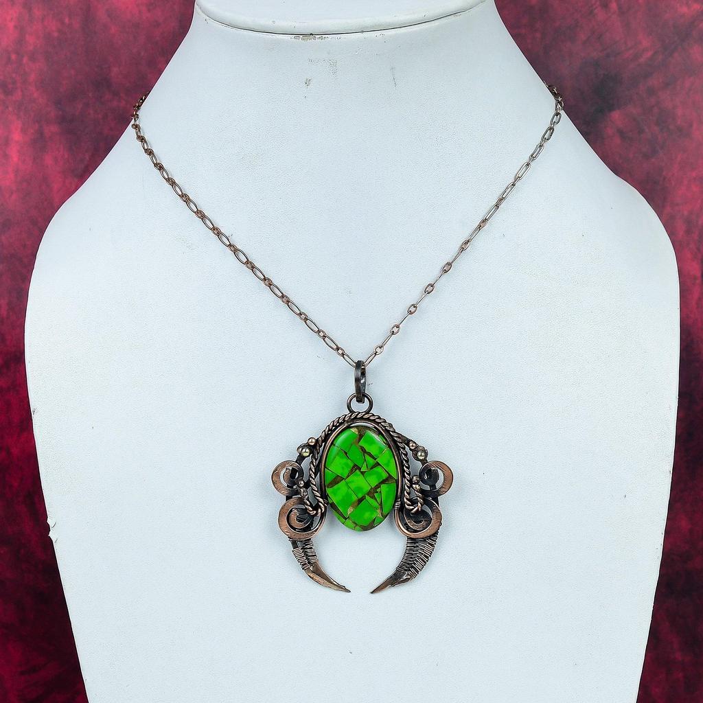 Copper Green Turquoise Pendant Copper Wire Wrapped Pendant Real Gemstone Jewelry