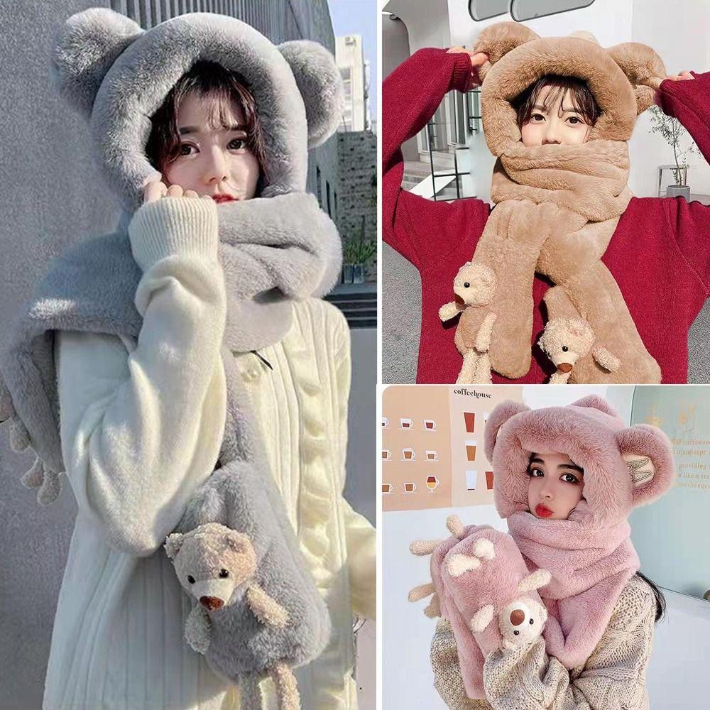 Cute Bear Ear Women Beanies Cap Thickened Plush Integrated Cap Scarf Hot Hat Outdoor