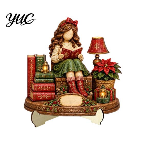 Christmas Shelf Decor Book Lover Gifts for Women, Just A Girl Who Loves Wooden Plaque, Holiday Ornaments 2D Flat Reading Block Sign with Stand