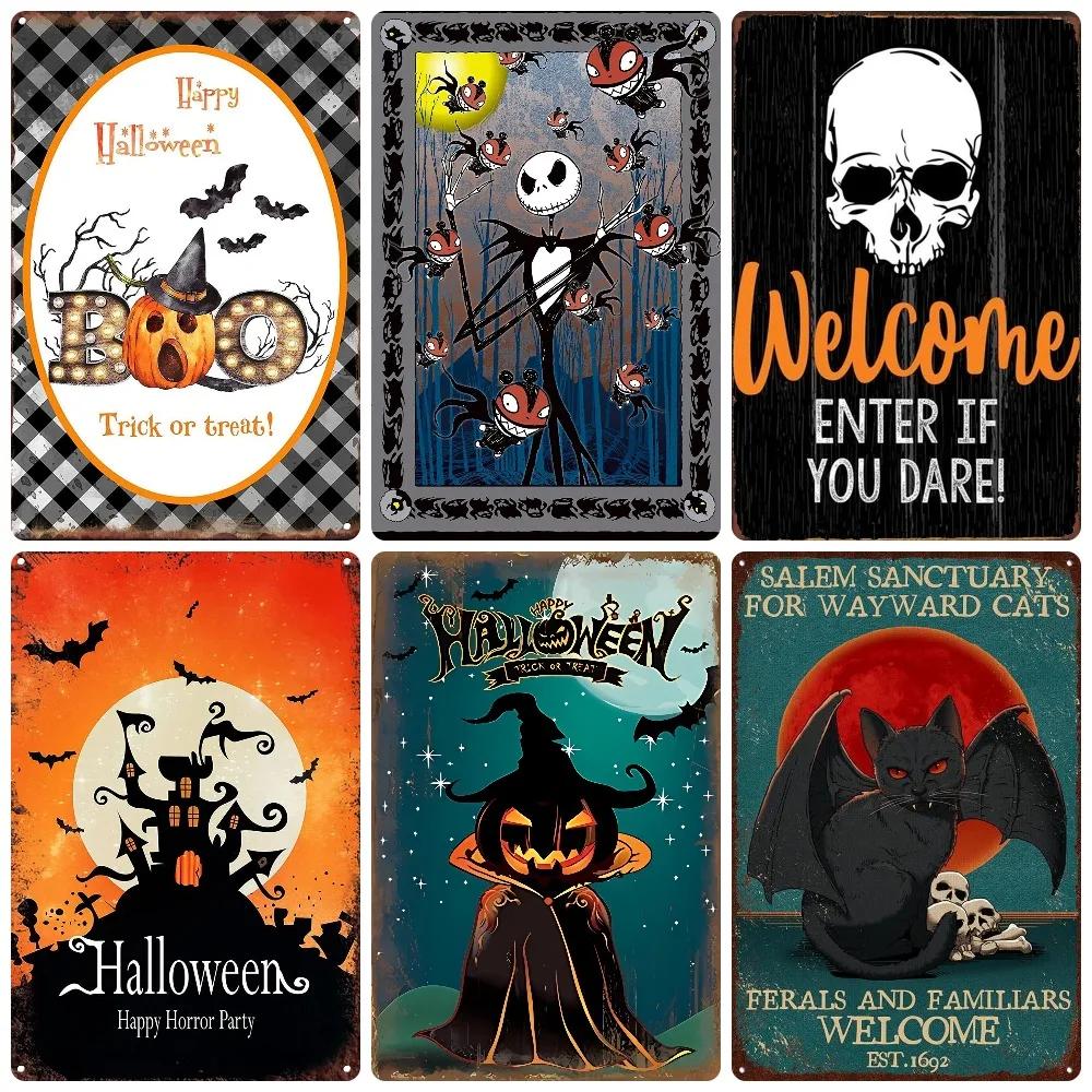 Halloween Vintage Metal Sign Pumpkin Ghost Sticker Pub Club Black Cat Lady Plate Wall Art Decor WY178
