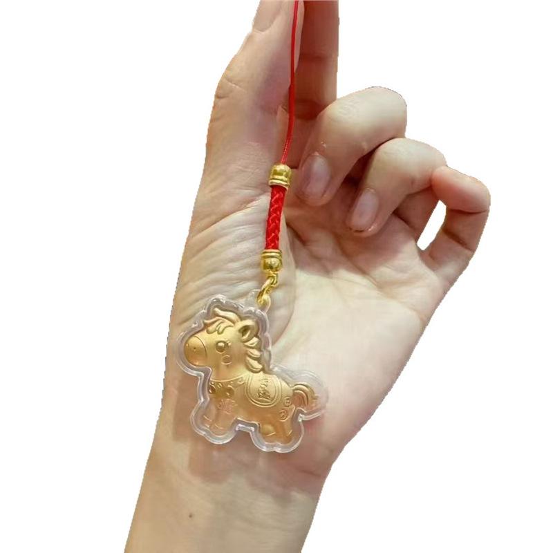 Year of the Horse Keychain: Gold Pendant with Red String Mobile Strap (New Year Gift)