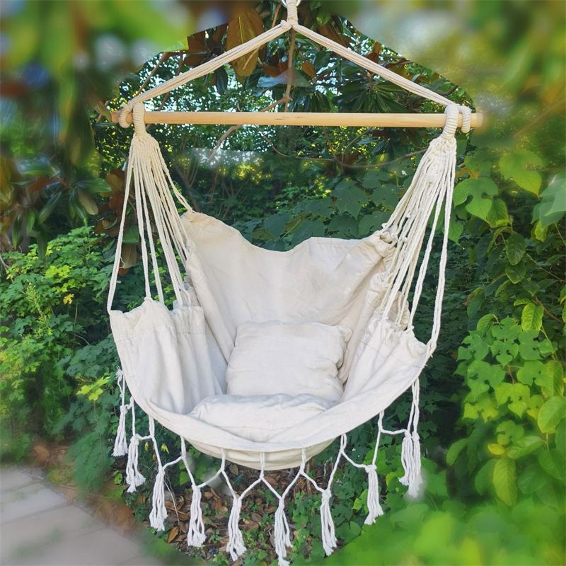 Leagăn cu frânghie suspendat, scaun tip hamac, maxim 500 lbs, 2 perne incluse, scaun suspendat mare din macrame cu buzunar pentru confort superior