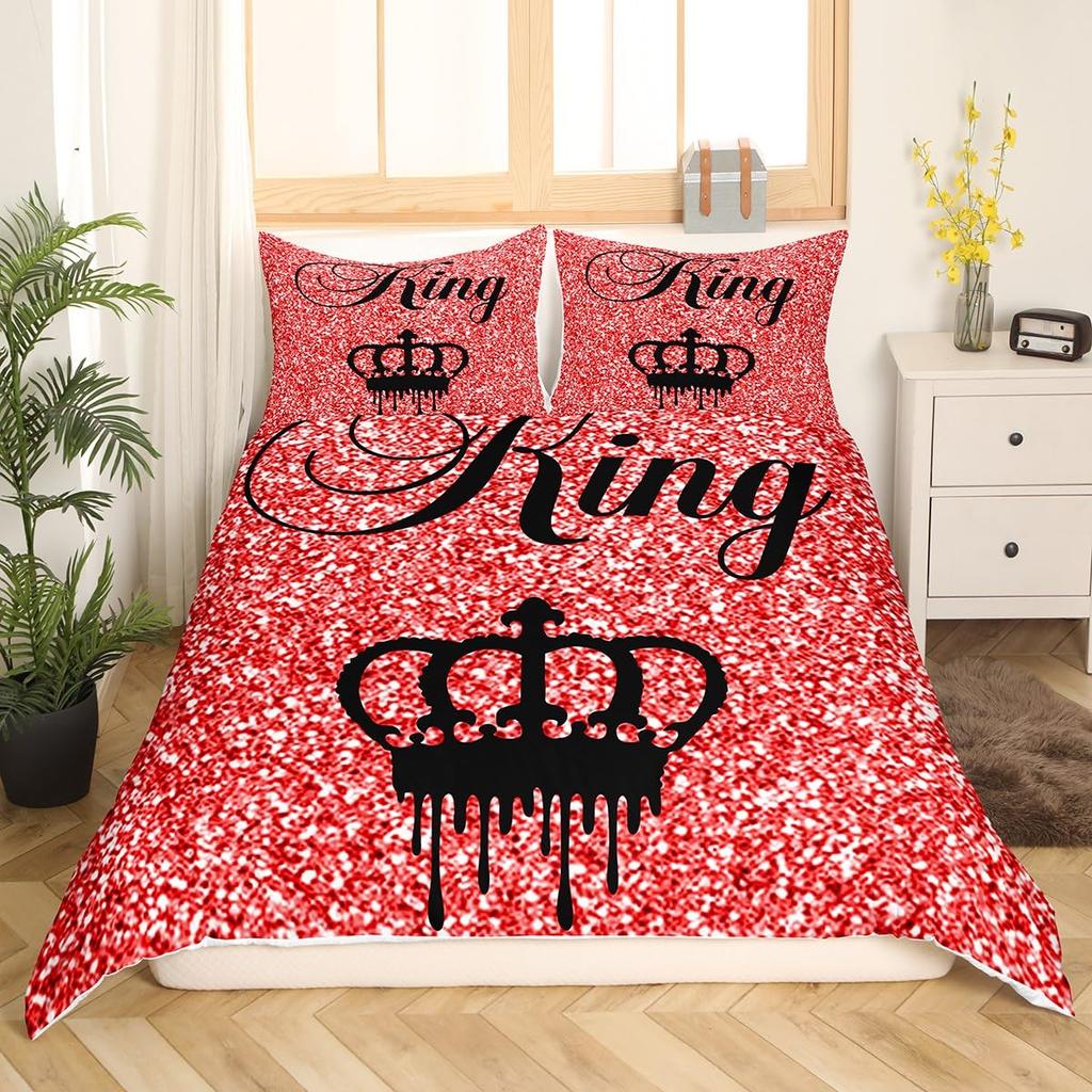 Modern King Crown Duvet Cover Twin Black Pink Bedding Set Women Adults Couple Comforter Cover Girls Valentines Day Quilt Cover
