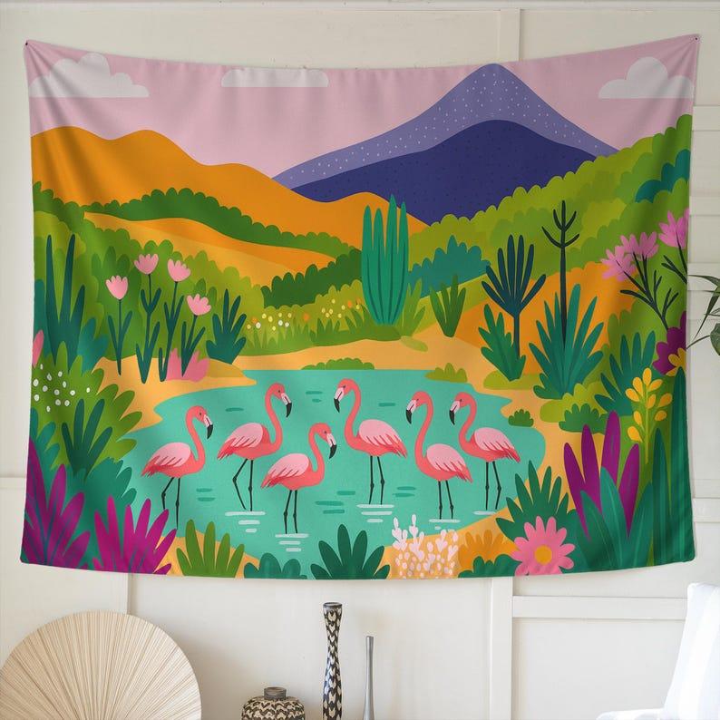 Pink Flamingo Jungle Pond tapestry 75x100 чёрный