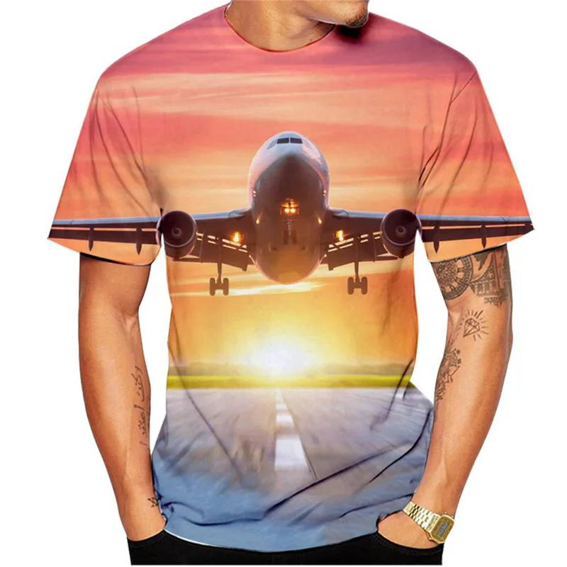 Summer new men's T-shirt 3D printed short sleeved airplane pattern fashion trend round neck