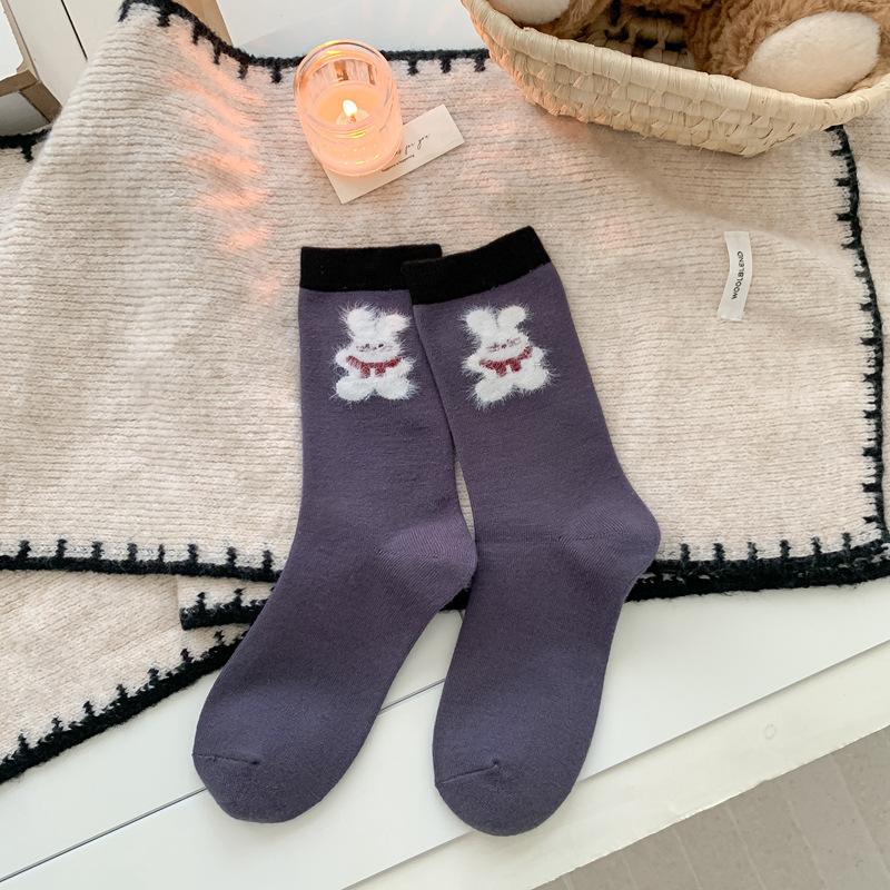 Cute Warm Fleece Socks Women S Autumn And Winter Thickened Warm Wool Socks Women S Japanese Bear Contrasting Color Medium Tube Cashmere Women S Socks One size fits all