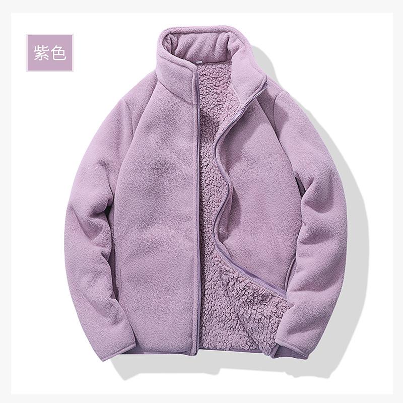 Women's Long Sleeve Fleece Jacket Stand Collar Casual Style Thickened Sherpa Lined Zip Up Outerwear