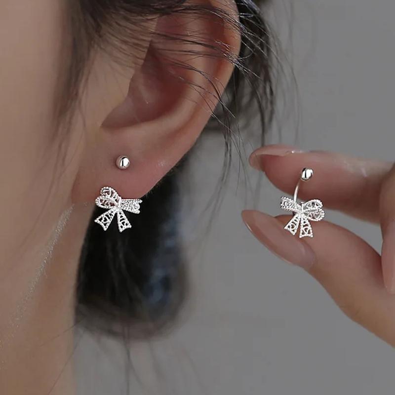 S925 Copper Needle Lace Hollow Bow Screw Buckle Puncture Stud Earrings for Women Fine Y2K Elegent Zircon Minimalist Accessories