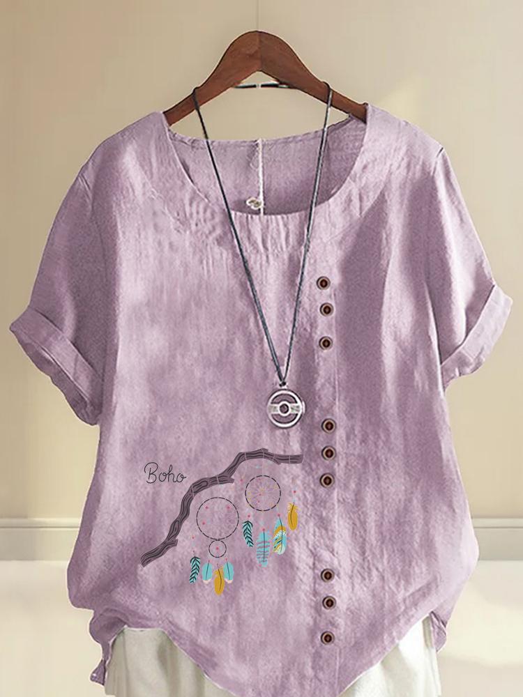 Women's Fashion Feather Pattern Print Shot Sleeve T-shirt Loose Cotton Shirt Casual Loose Summer Plus Size Blouse Tops