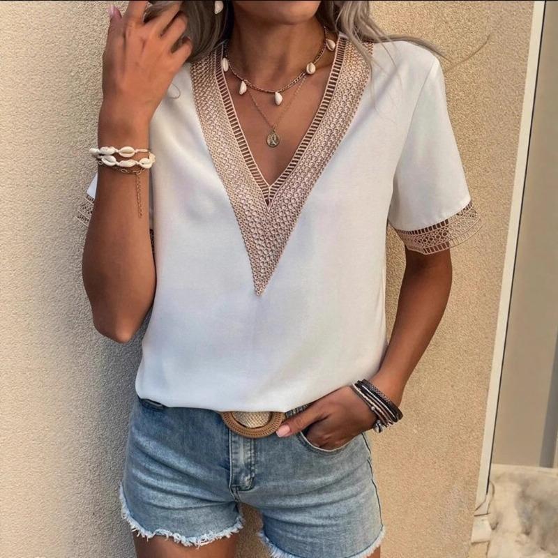 Summer new, women's V-neck lace casual solid color shirt