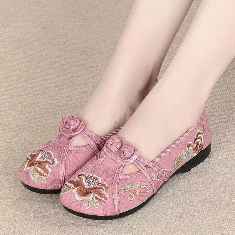 

Fashion Vintage Traditional Style Women soft-soled shoes spring Autumn non-slip Flats Lightweight breathable Comfort Embroidered Shoes 35 розовый