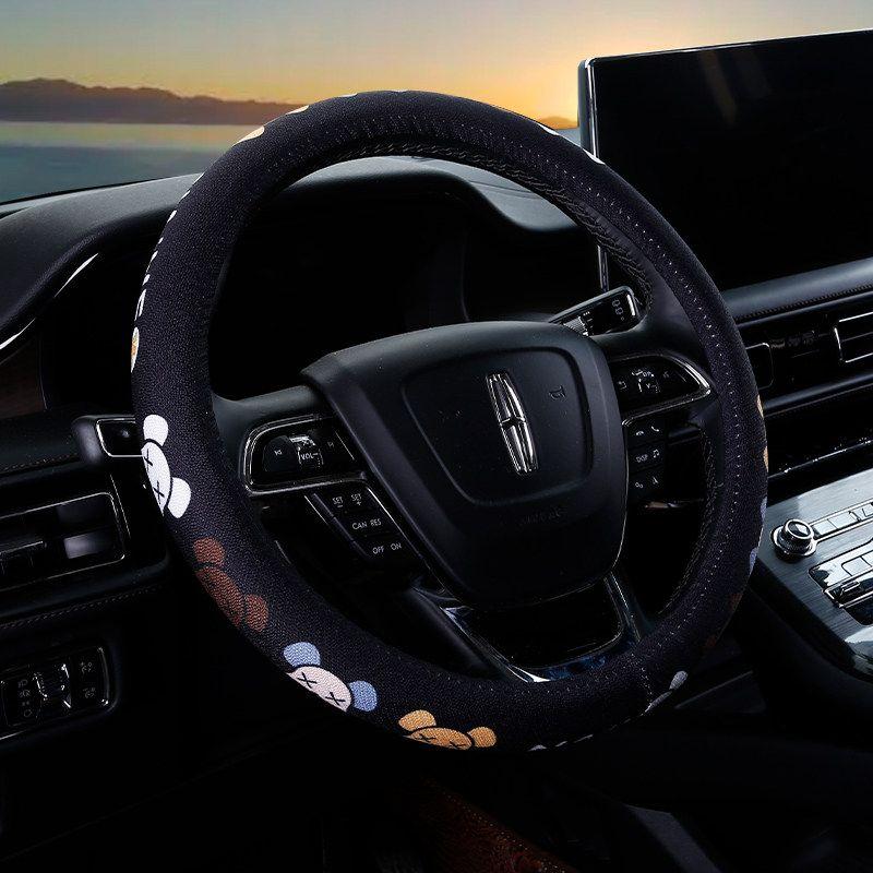 Car Steering Wheel Cover D-Shaped Handlebar Cover Summer Breathable Non-Slip Sweat-Absorbent Linen All-Season Universal Cartoon Cute for Women