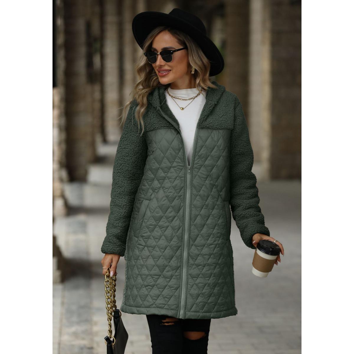 

2025 Autumn Winter New Women s Fleece Coat Oversized Hooded Zipper Warm Outerwear for Europe America XXL армія зелений колір