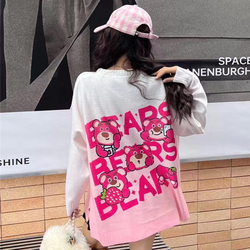 Women's Rhinestone Cartoon Print Round Neck Pullover Sweater - Korean Style Knitwear Top
