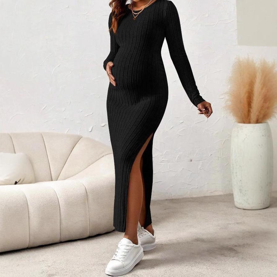Fashion Maternity Ribbed Maxi Dress Long Sleeve Bodycon Side Slit Pregnancy Dress