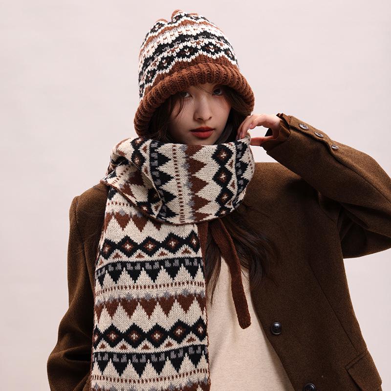 Women's Korean Style Autumn/Winter Jacquard Scarf & Hat Set – Versatile Shawl and Neck Warmer for Couples and Students