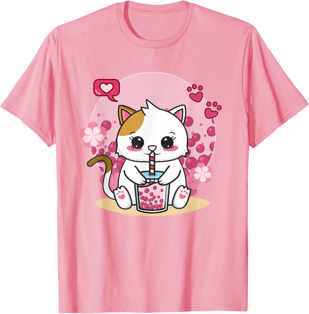 Kawaii Cat Boba Tea Drink Lover Graphic Tee Cute Anime Neko Kitten T-Shirt Unisex Casual Trip