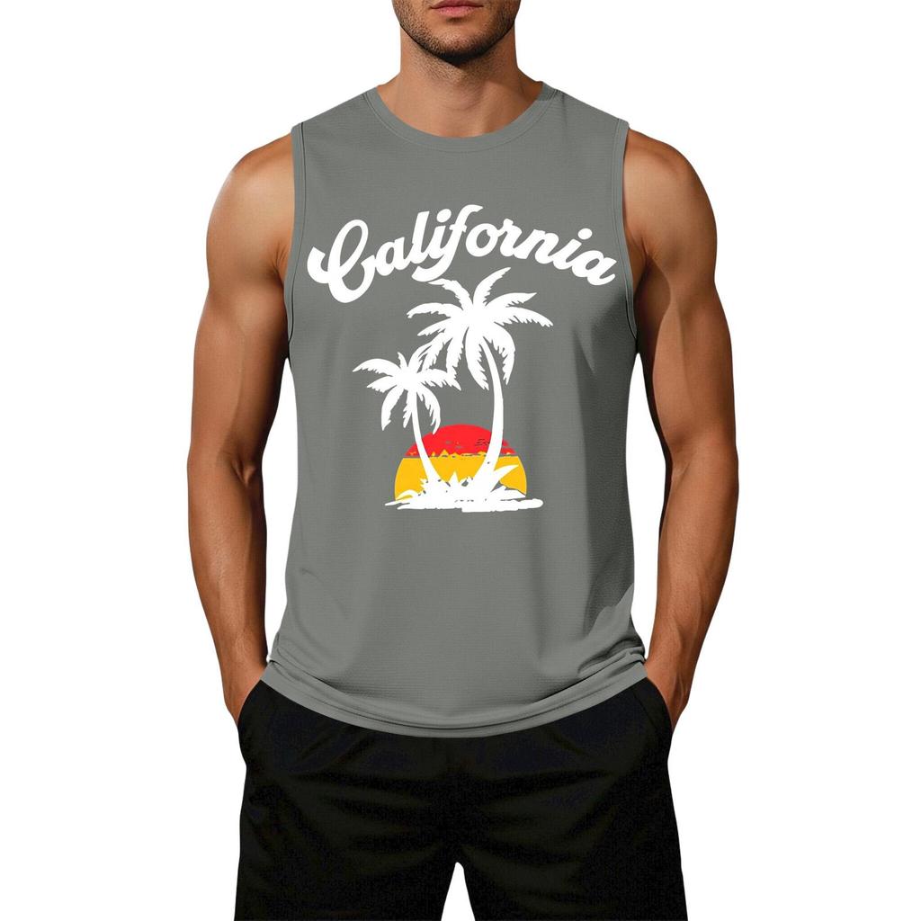 Herren ärmelloses lässiges Tanktop lockere Passform Sommer Strandkleidung Palme Grafikdruck leicht Baumwollmischung Hemd