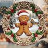 Wooden Christmas Sign with Gingerbread Man Pattern - Navidad Round Sign for Front Door, Wall Hanging Decor - Ideal Christmas Decoration