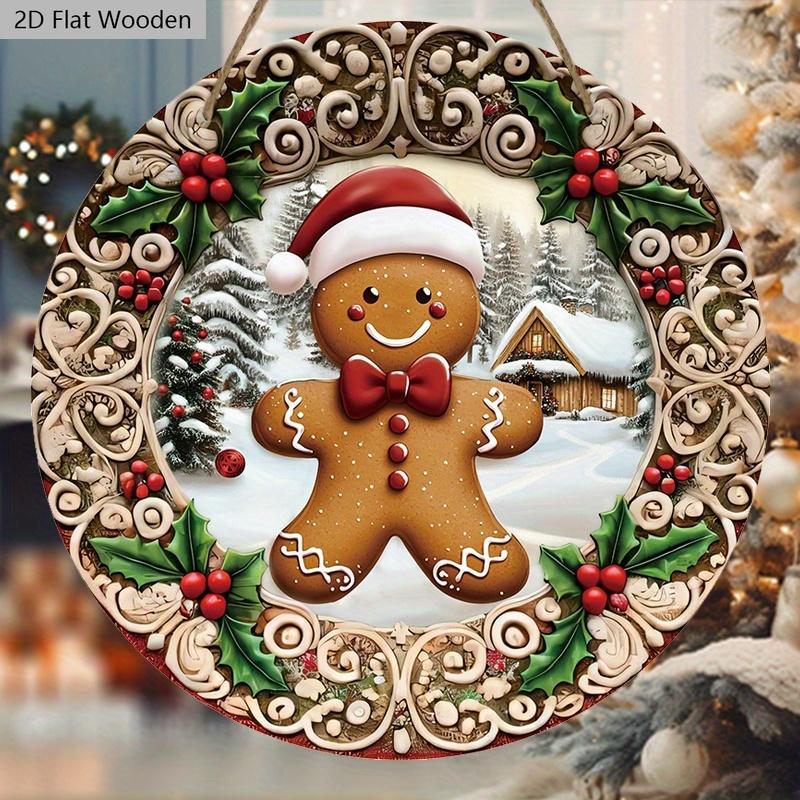 Wooden Christmas Sign with Gingerbread Man Pattern - Navidad Round Sign for Front Door, Wall Hanging Decor - Ideal Christmas Decoration