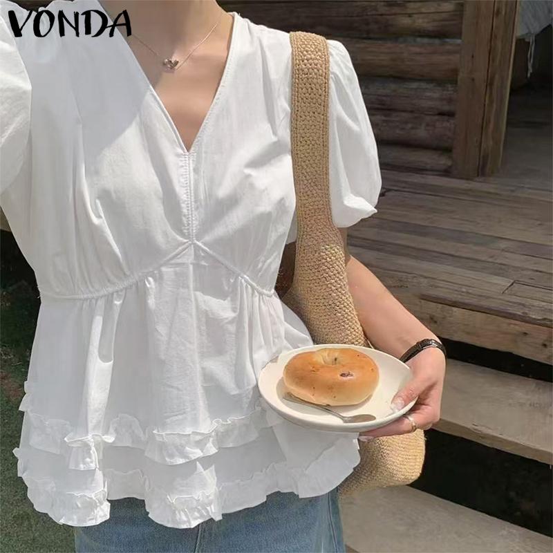 VONDA Women V Neck Short Sleeve Slim Waist Ruffled Casual Blouse
