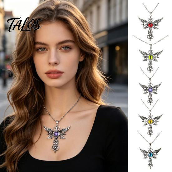 Personalized Dark Style Accessory Devil Eye Pendant Necklace, Gothic Winged Religious Charm Detailed Metal Engraving Statement Vintage Punk
