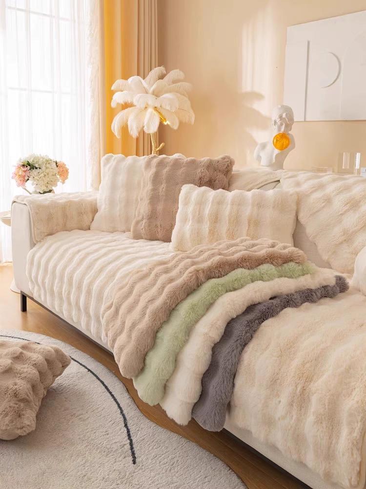 Non-Slip Rabbit Plush Winter Sofa Cushion & Tatami Blanket