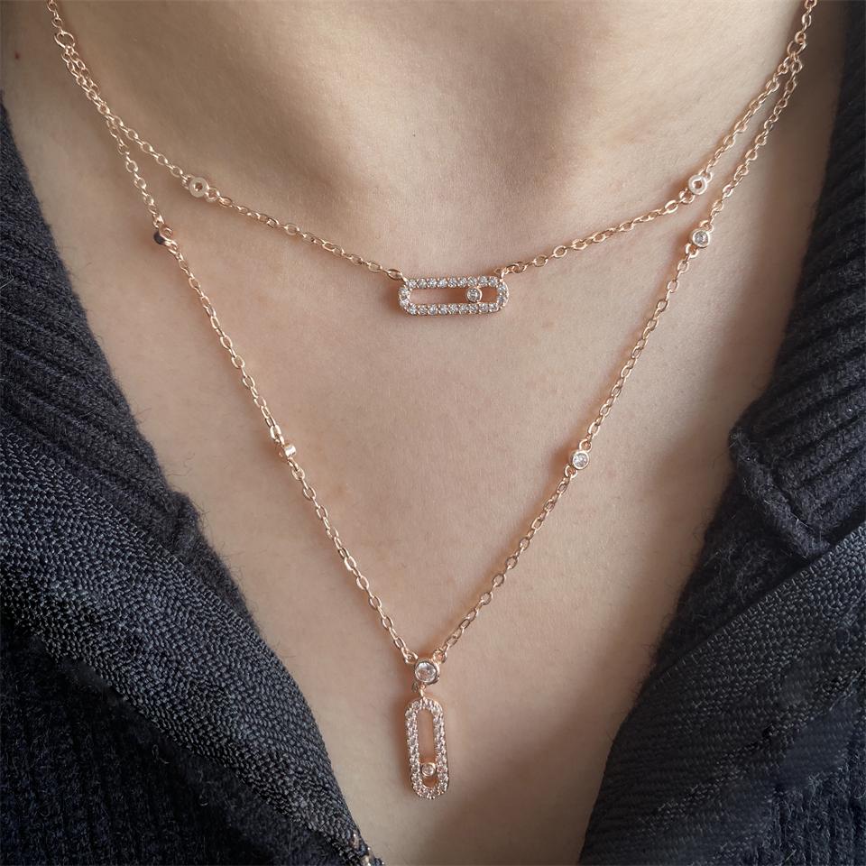 Luxury Copper-color AAA Zircon Choker Two-Layers Necklace Simple Shiny Pendants For Women Fine Zircon