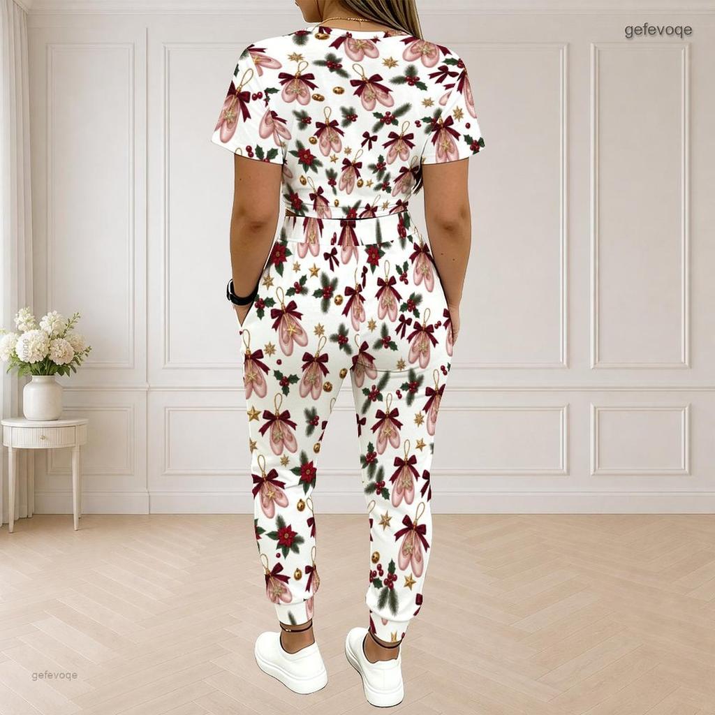 Women Plus Size Round Neck Short Sleeve Printed Crop Top Drawstring Pants Two Piece Set With Pockets