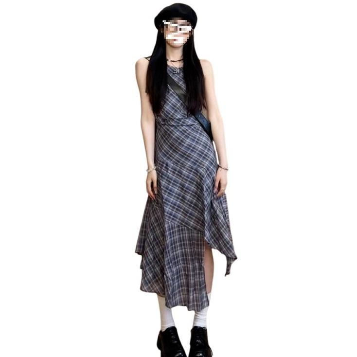Women's Summer Plaid Vest Dress - American Street Style, Niche Design, Mid-Length Irregular Skirt