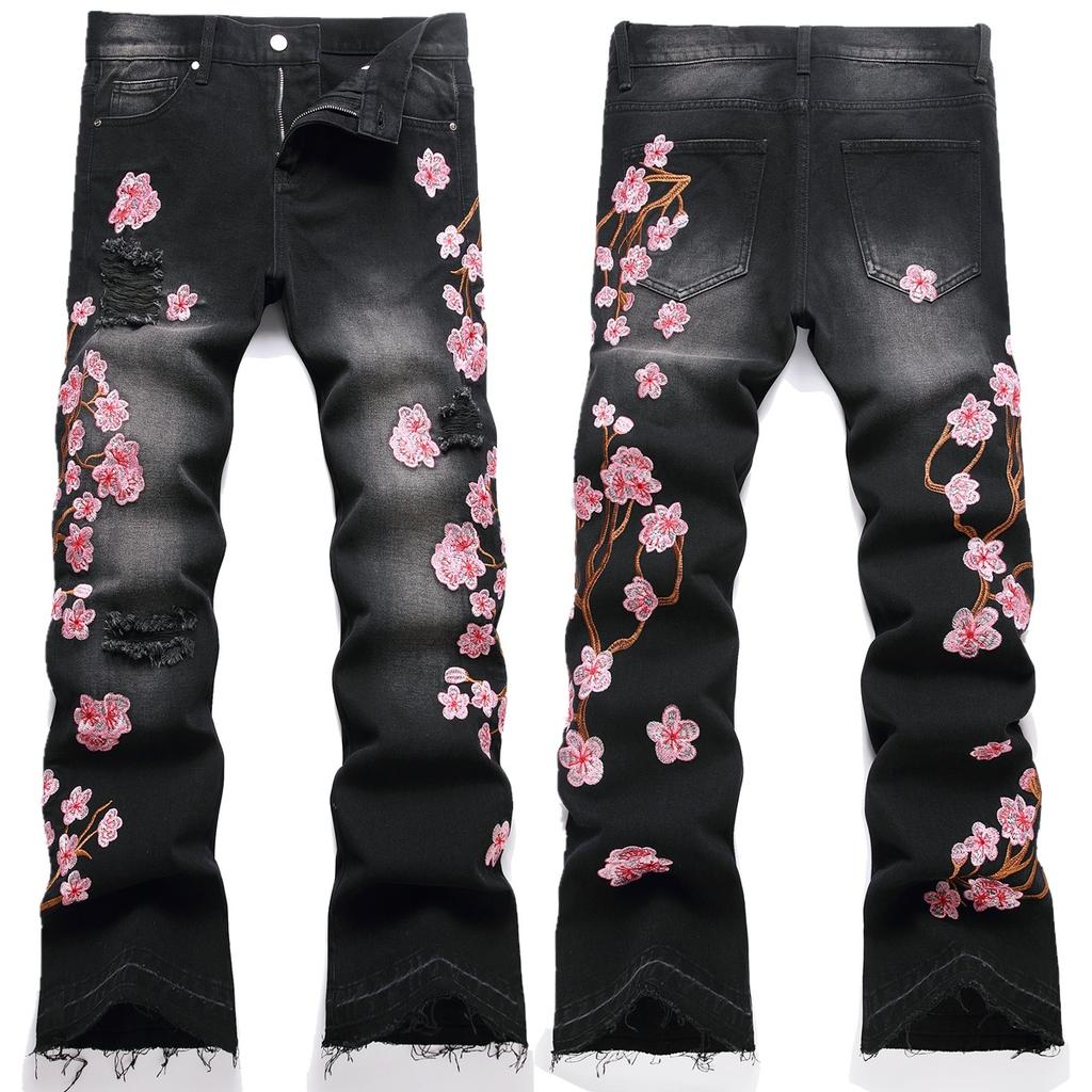Cross Border New Men's Micro Flared Jeans Street Fashion Men's Heavy-duty Embroidered Plum Blossom Non Elastic Jeans