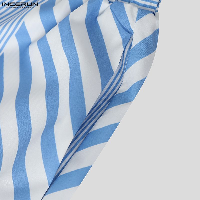 INCERUN 2 Stück Sommer Herren Kurzarm Gestreifte Nähte Hemden und Lange Hosen Übergroße Outfits Sets