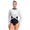 Glänzender Pailletten-Gymnastik-Leotard für Damen, Kontrastfarbe, Langarm, Rücken Ausgeschnitten, Einteiliger Body, Eiskunstlauf-Bekleidung