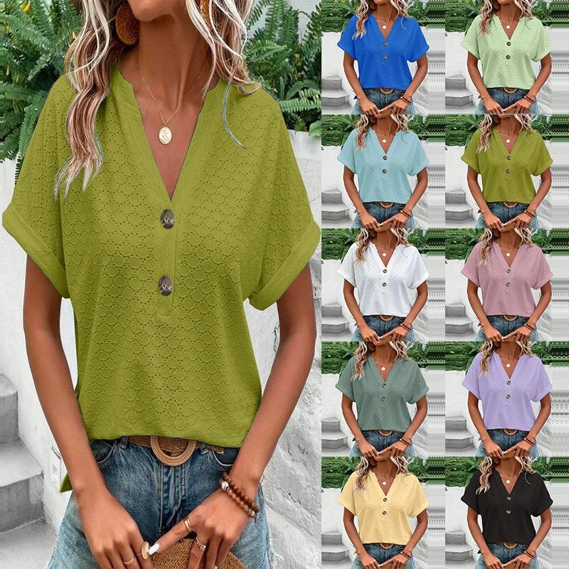 Women's Fashion Casual Solid Color Button V-neck T-shirt