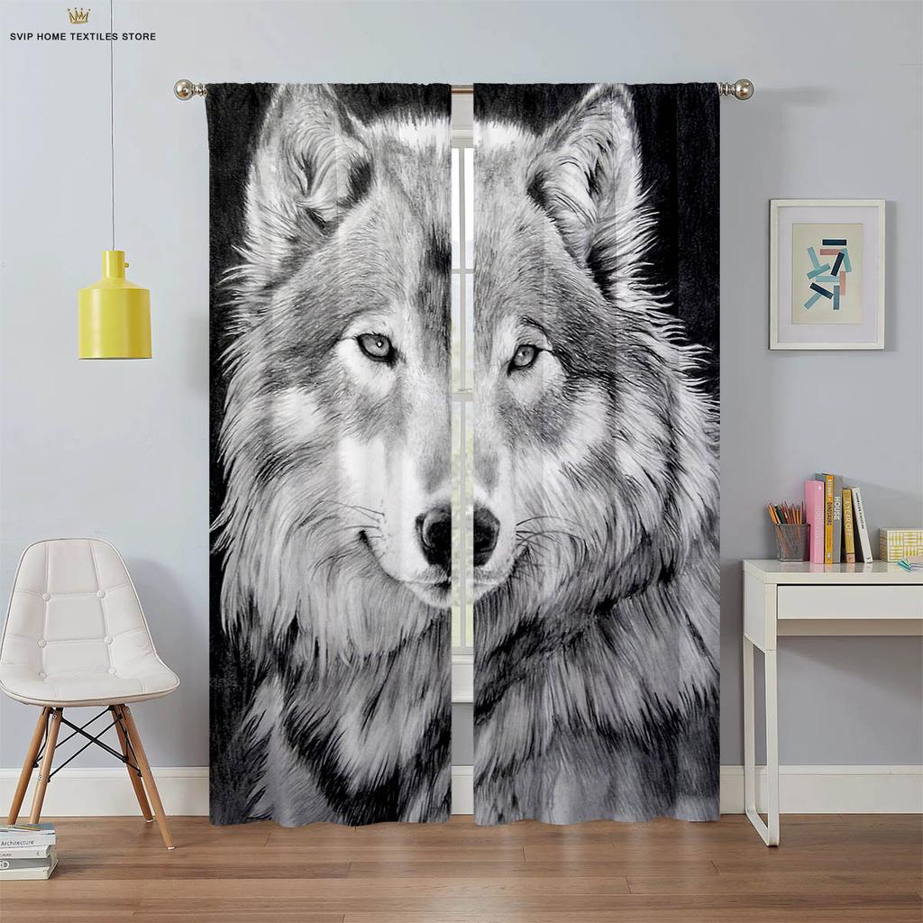 Tier Star und Wolf 3D-gedruckte Vorhänge, Geeignet für Schlafzimmer, Wohnzimmer, Arbeitszimmer, Küche, Fensterdekoration, 2 Stück