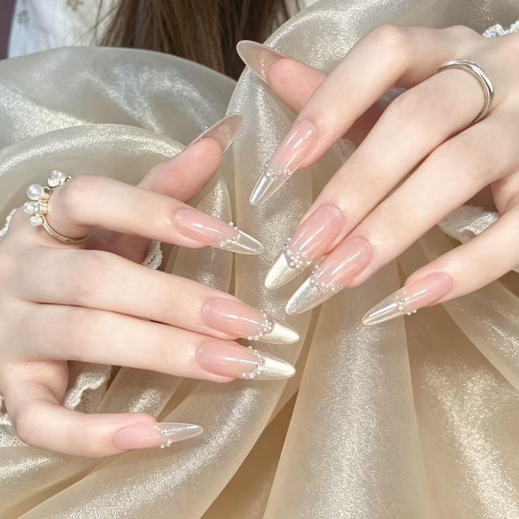 Pearl Gradient French Almond Nails - Transparent, Long, Removable, Whitening Fake Nail Tips