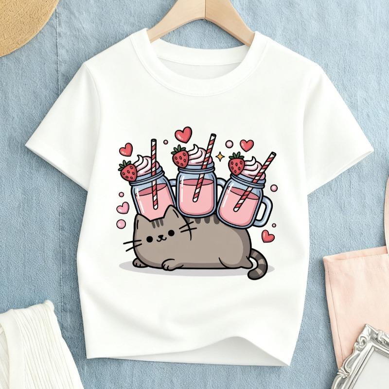 Children Crew Neck Short Sleeve T-Shirt with Cartoon Cat & Drink Print 110 белый
