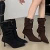 Fashion Women Sexy Pointed Toe Mid-Calf Boots 2024 High Quality Ladies Shoes Slip-on Women's Boots Fashion Belt Buckle Modern Boots
