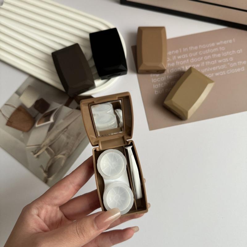 Simple Colorful Lens Box Eye Container Lovely Travel Kits Matte Black Brown Contact Lens Case with Mirror for Women