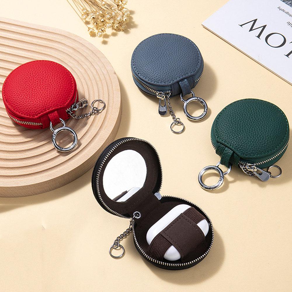 New Head Layer Leather Portable Lipstick Storage Bag With Mirror Round Bluetooth Earphone Pouch Pendant Keychain Pendant Charm