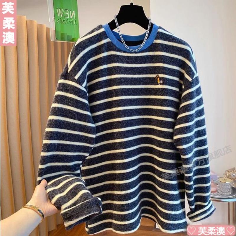 

Striped T-shirt Women s Loose Autumn and Winter Warm New Embroidered Knitted Long-sleeved Top L синій