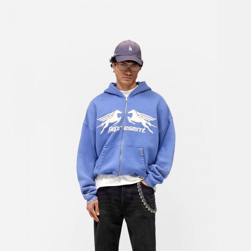 Unisex Distressed Zip-Up Hoodie With 3D Embroidered Twin Horses Cotton Sweatshirt Fall