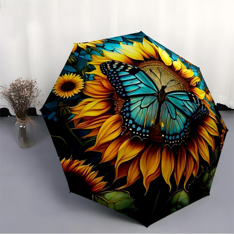 1pc Butterfly Sunflower Automatic Folding Umbrella, Lightweight Retractable Compact Travel Umbrella, 8-Rib Sturdy Frame148